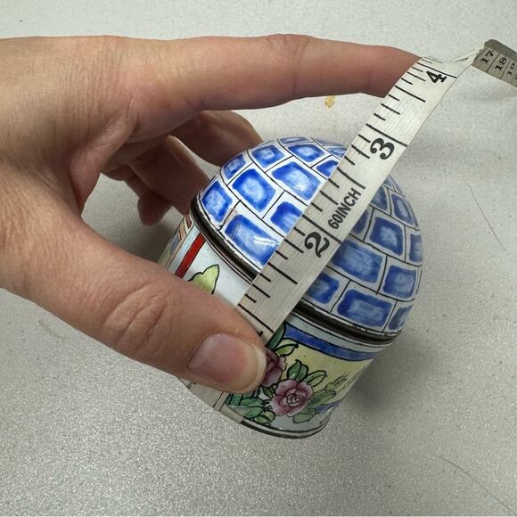 Vintage Enameled Trinket Box Cottage Cherry Blossom Branch  Boho Blue White - Picture 9 of 9